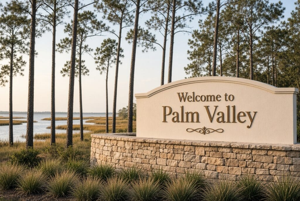 Welcome to Palm Valley entry monument sign with pines and marsh